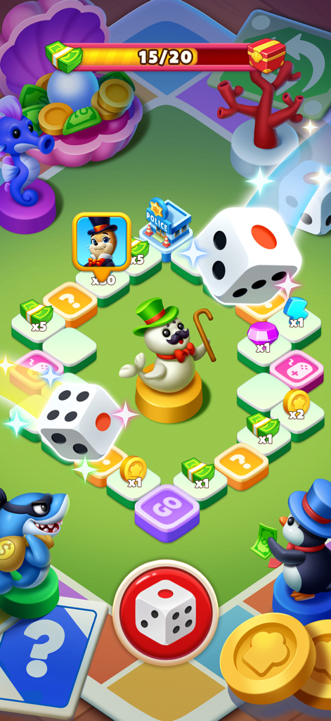 Merge Ocean - Cooking & Decor - Colorful board game minigame featuring sea animals and rolling dice in Merge Ocean