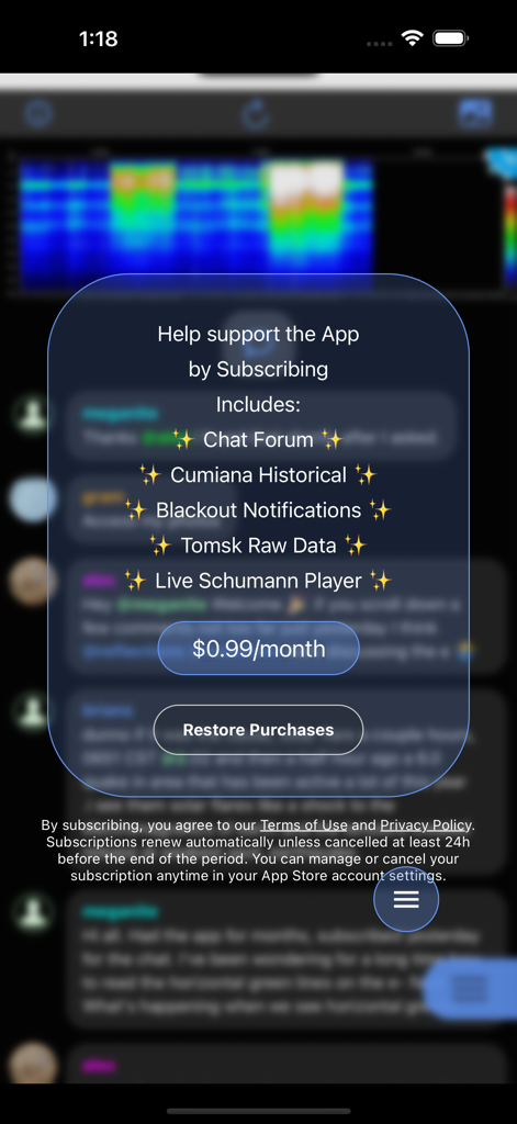 A subscription screen for the Schumann Resonance app showing a monthly plan of 0.99 dollars and a list of premium features including chat forum and live player.
