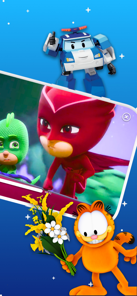 Popular cartoon characters including Garfield and PJ Masks displayed on Kidjo TV