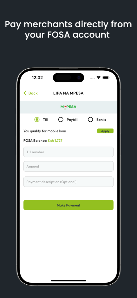 n-kash - Interfaz de aplicación móvil para pagar a comerciantes a través de Lipa na M-Pesa desde un saldo de cuenta FOSA