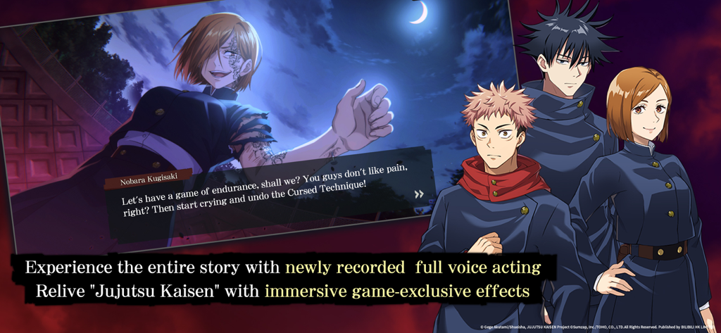 Story scene from Jujutsu Kaisen Phantom Parade showing Nobara Kugisaki and the main cast with a voice acting announcement