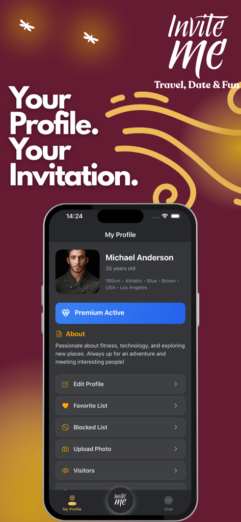 Interfaz de perfil de usuario en la aplicación de compañeros de viaje Invite Me que muestra biografía y características sociales