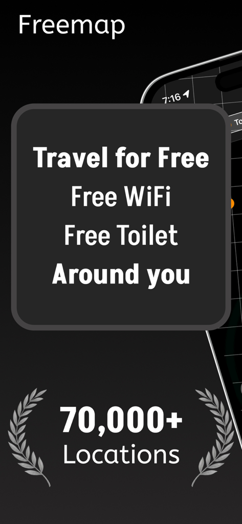 Pantalla promocional de la aplicación FreeMap que muestra localizador de WiFi y baños gratuitos para más de 70.000 ubicaciones en Corea.