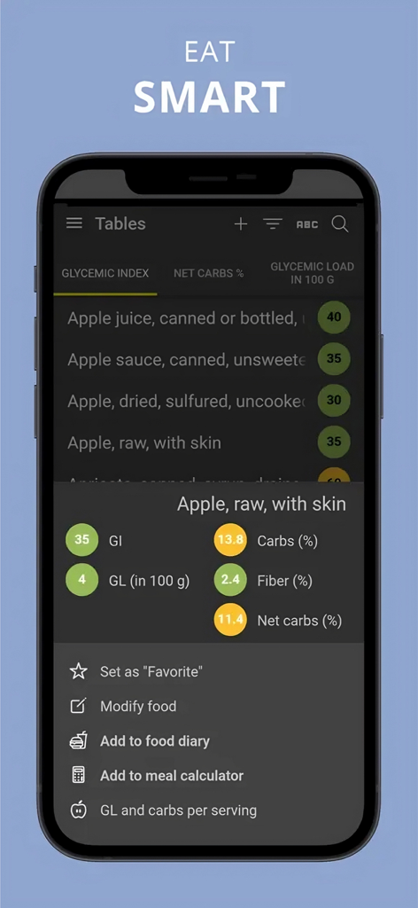 Smartphone-Bildschirm mit glykämischem Index, glykämischer Last und Netto-Kohlenhydraten für einen rohen Apfel in der App-Datenbank