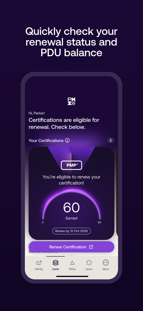 Panel de la app PMI Official mostrando la elegibilidad de renovación de la certificación PMP y el saldo de PDU