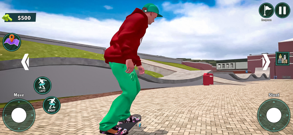 A 3D mobile game character in a red hoodie and green pants riding a skateboard in an urban skate park