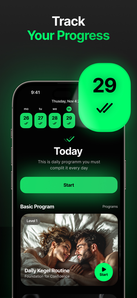 KegelUp: Kegel Trainer for Men - Bildschirm eines Mobilgeräts, der die tägliche Fortschrittsverfolgung und abgeschlossene Trainingseinheiten in der KegelUp-App zeigt