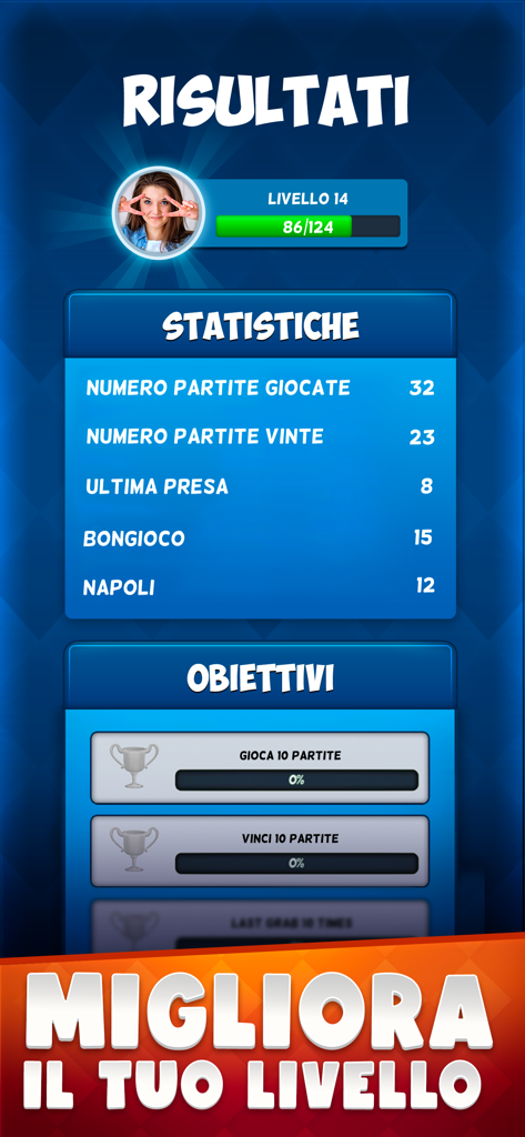 Schermata dell'app mobile Tressette Online che mostra statistiche di livello utente e obiettivi di gioco