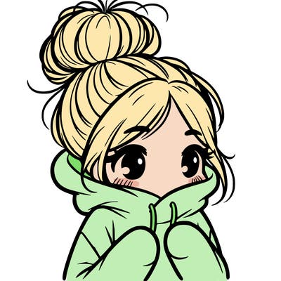 shy girl in big hoodie with messy bun