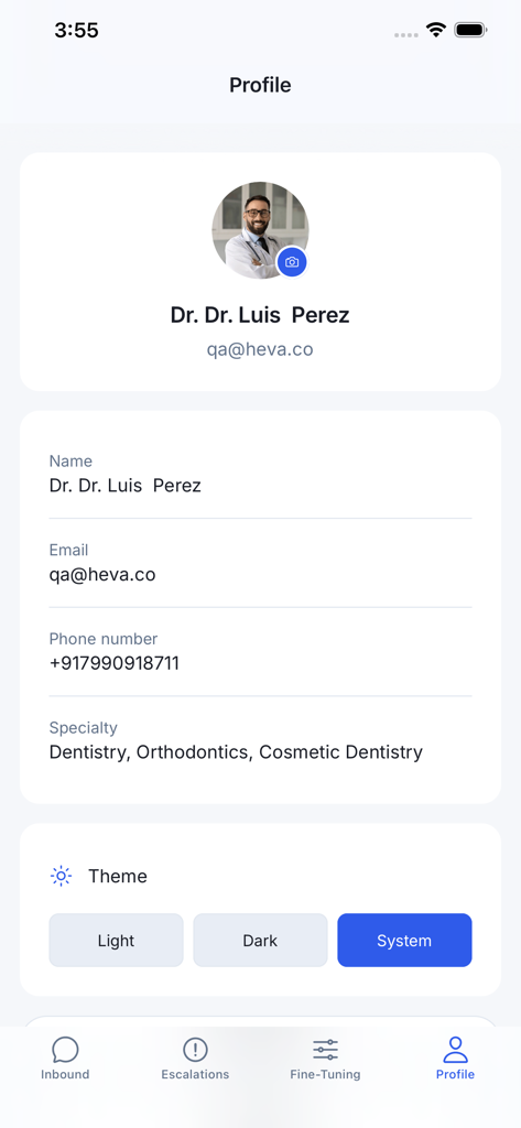 heva Provider - Profile screen of the heva Provider app displaying a doctor's contact information and theme settings