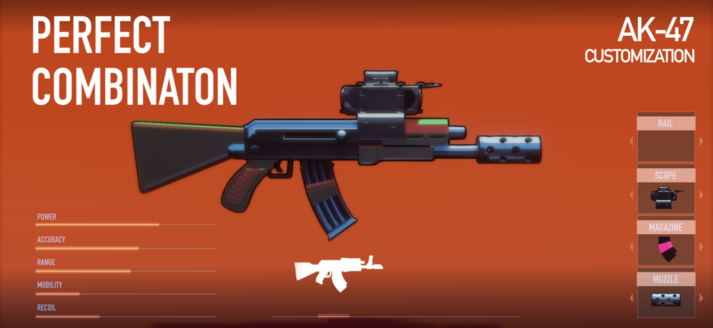 Bullet Echo weapon customization screen showing AK-47 stats and attachments
