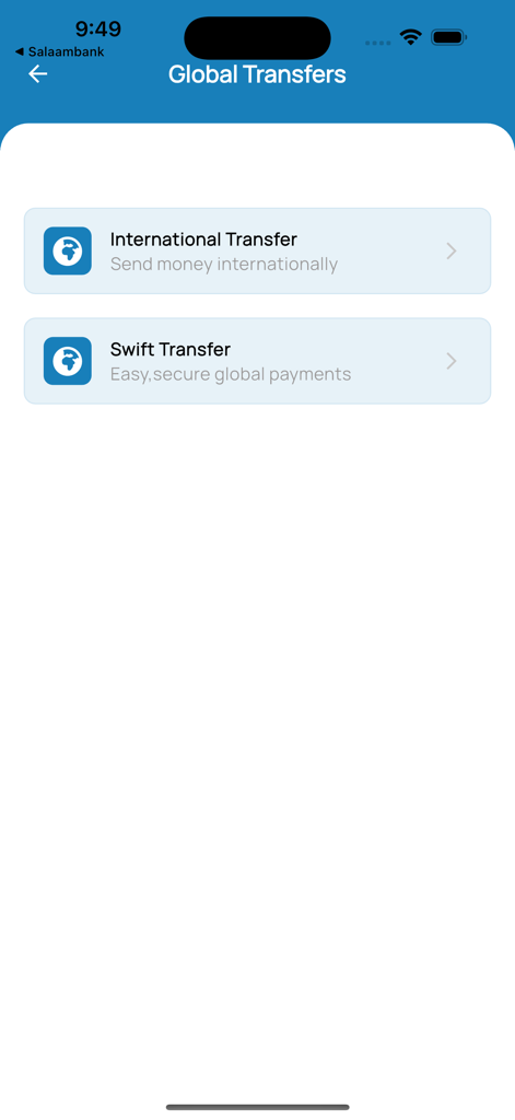 Salaam Bank - Mobile Banking - Global Transfers screen in the Salaam Bank app with options for international and swift transfers