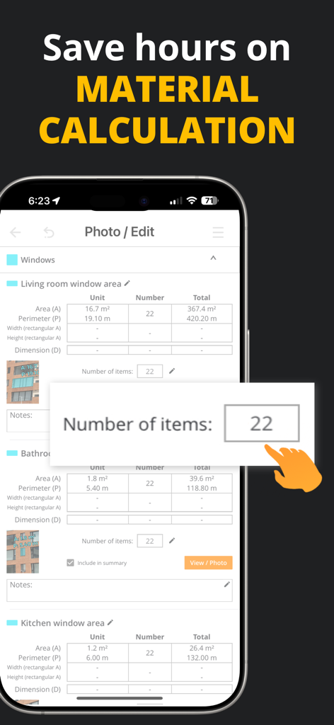 MIDDELO Facade Measuring Tool - A mobile interface of the MIDDELO app showing detailed material calculation tables for window area and perimeter measurements