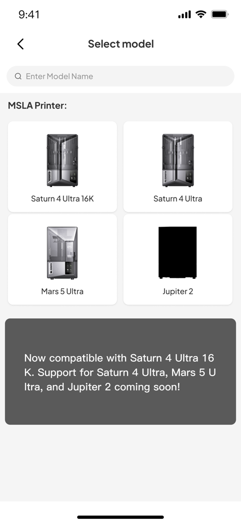 Selection screen for MSLA printer models including Saturn 4 Ultra and Mars 5 Ultra in the ELEGOO Matrix app