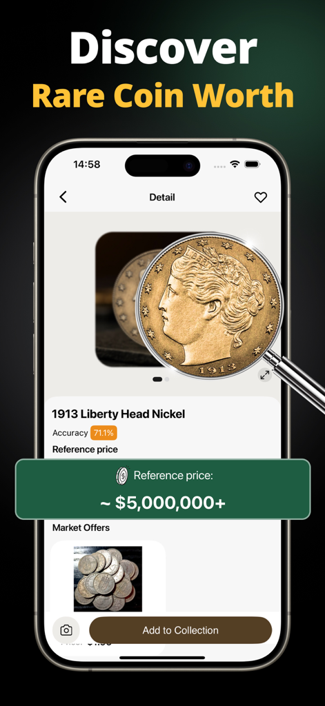 Smartphone screen showing the Coin Scanner app identifying a rare 1913 Liberty Head Nickel worth over five million dollars