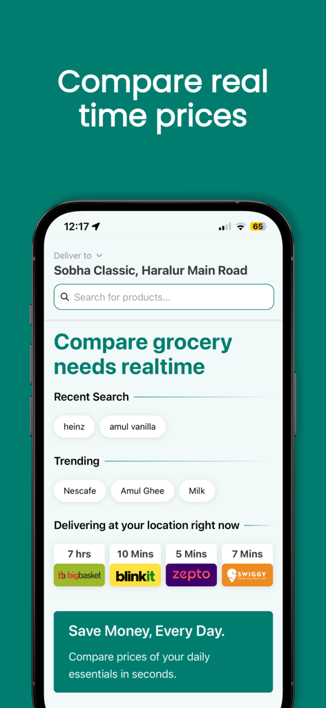 Quick Compare App - Quick Compare app interface comparing delivery times for Indian grocery platforms like Zepto and Blinkit