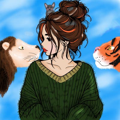 realistic girl wearing a messy bun and an oversized sweater