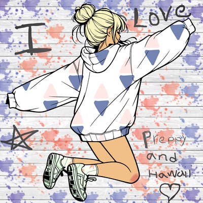 realistic girl jumping with a bun and oversized sweatshirt