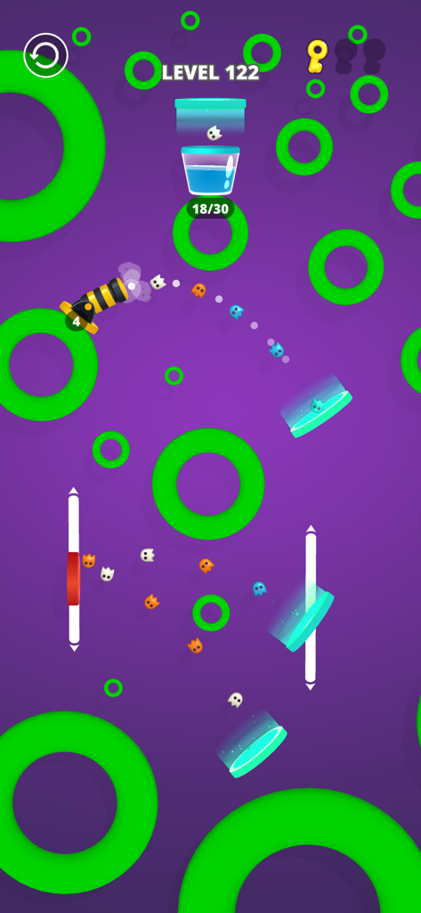 Cannon Shot! - Cannon Shot mobile game level 122 showing a cannon shooting ghost-like balls into a bucket