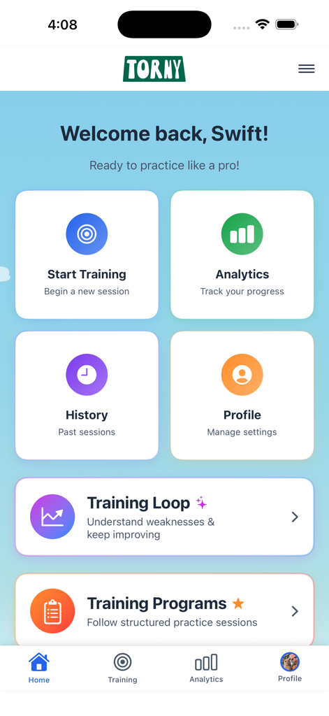 Torny - Pantalla de inicio de la aplicación de entrenamiento de bolos sobre césped Torny con iconos de navegación para entrenamiento y análisis.