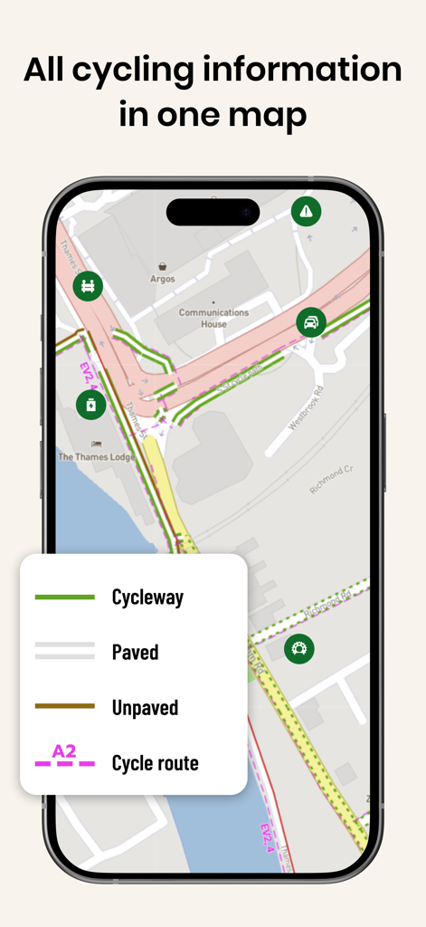 Cyclers: Bike Route Planner - Interfaz de la aplicación Cyclers mostrando un mapa detallado con tipos de superficie de carretera y leyendas de carriles bici
