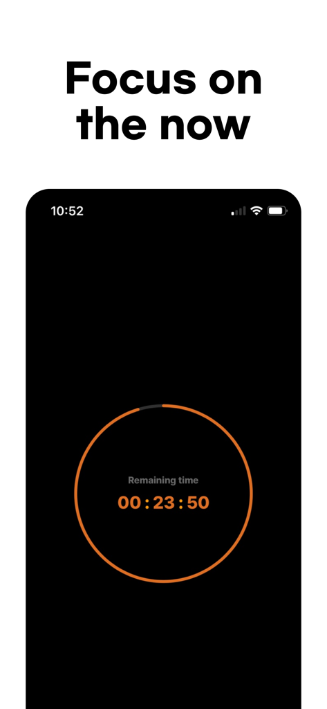 A minimalist mobile app screen for DetoxLock featuring a countdown timer for focus sessions with the headline Focus on the now