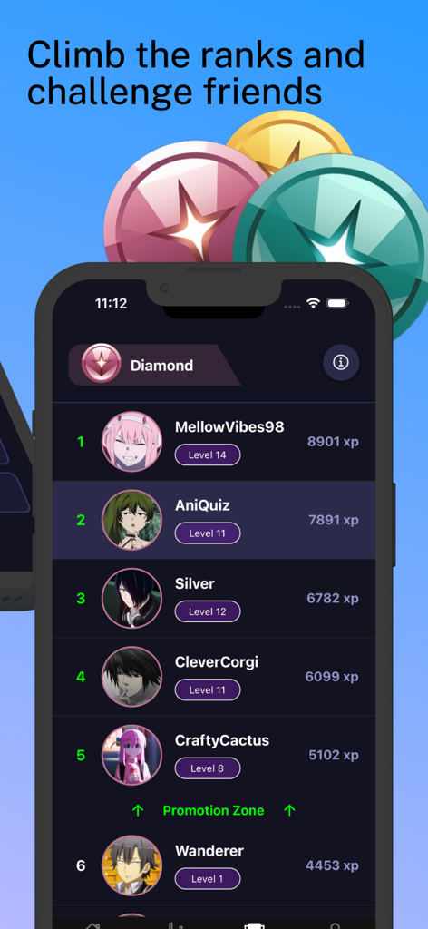 AniQuiz - Guess the Anime - Tabla de clasificación de la aplicación AniQuiz que muestra los rankings de usuarios, puntos de experiencia y avatares de personajes