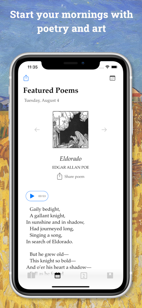 Poesie: The Daily Poetry App - Smartphone screen showing the poem Eldorado by Edgar Allan Poe in the Poesie app