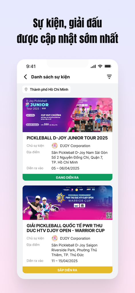 D-PICKL - Mobile screen showing a list of ongoing and upcoming pickleball tournaments with details like location and dates.