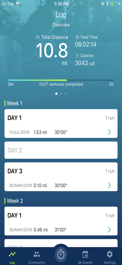 Couch to 5K app workout log showing total distance and running statistics