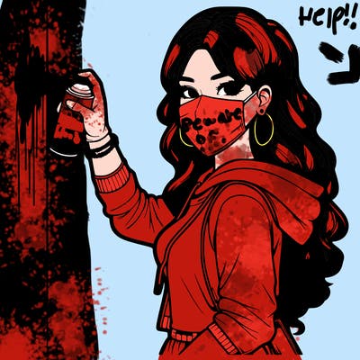 realistic girl with mask spray painting a wall