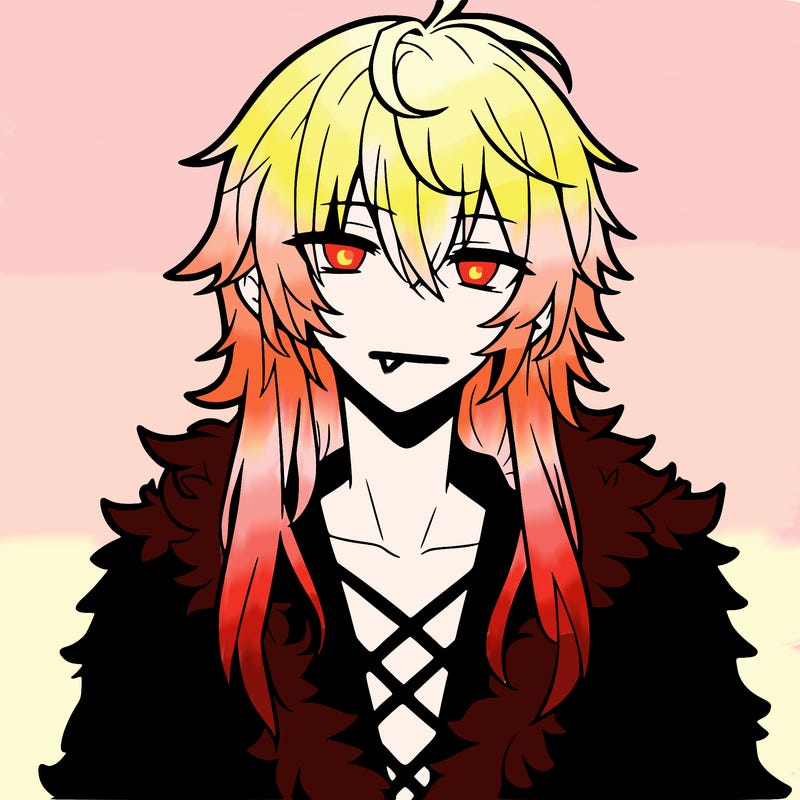 anime guy, long white hair, a red fluffy shirt