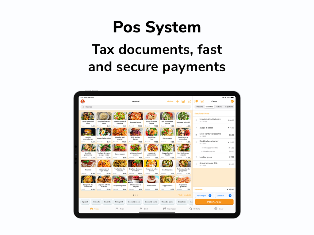 iPratico Eat - iPratico Eat POS system interface on iPad showing a digital food menu and checkout sidebar for restaurant management