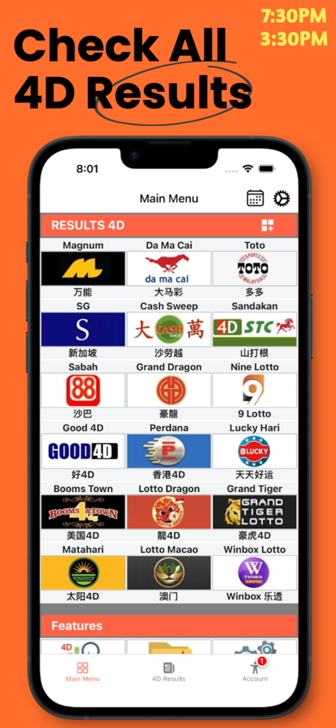 Main menu of the Live 4D Results app showing a grid of different lottery providers