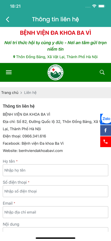 Bệnh viện Đa Khoa Ba Vì - Contact details and inquiry form for Ba Vi General Hospital app