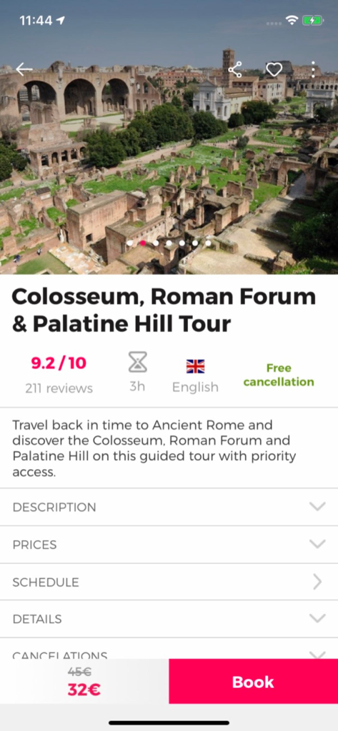 Rome Guide by Civitatis.com - Interfaz de aplicación móvil para reservar un tour guiado del Coliseo y Foro Romano en Roma