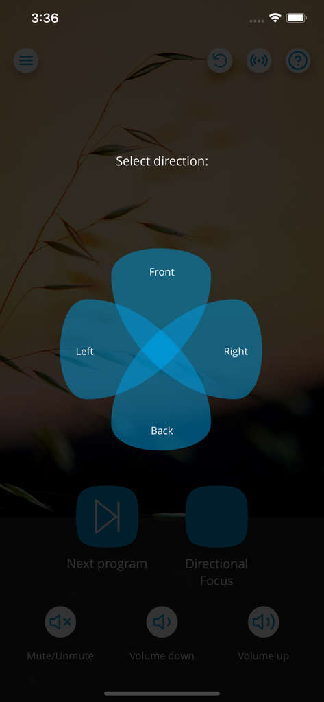 Écran de l'application WIDEX TONELINK pour la mise au point directionnelle permettant aux utilisateurs de choisir la priorité sonore : Avant, Arrière, Gauche ou Droite.