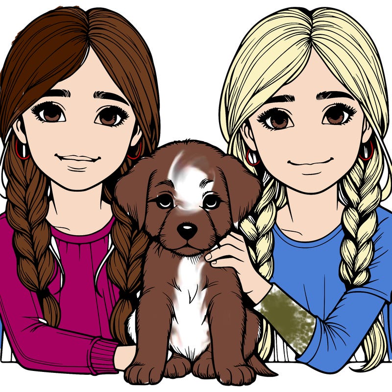 two realistic girls with a realistic puppy