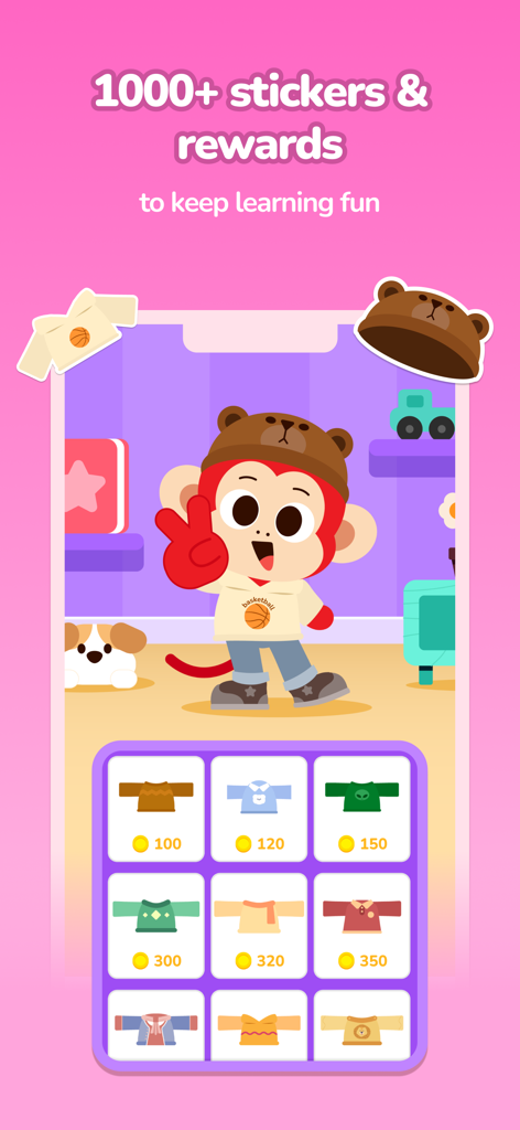 Monkey Junior app reward screen with character customization and stickers