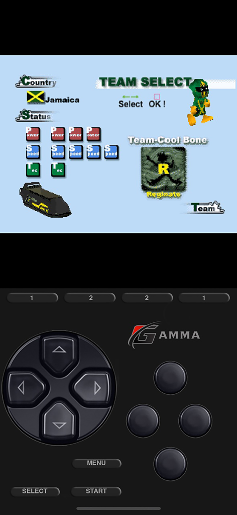 Gamma - PS 1 Game Emulator - Gamma PS1 emulator interface featuring a retro game team selection screen and a virtual PlayStation controller skin on an iPhone.