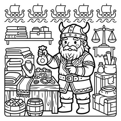Step into a world of cute commerce with this delightful Kawaii Viking Trader coloring page. This charming illustration invites you to bring a friendly Norse merchant and his fascinating wares to life with your favorite colors.