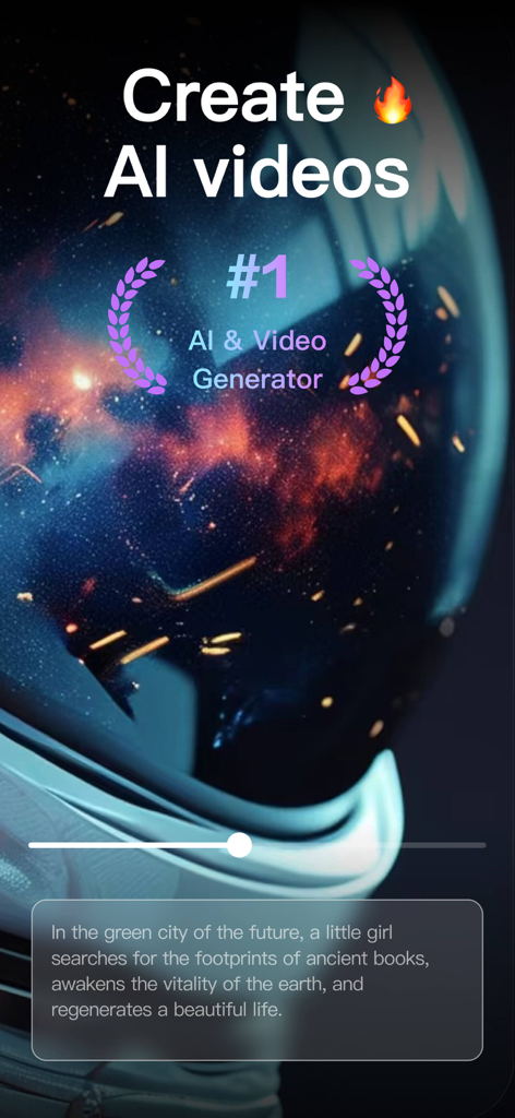 Dreamlux app interface showing the creation of AI videos from a text prompt with a futuristic astronaut visual