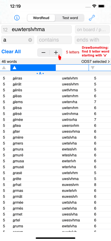 French word search results for five letter words starting with A
