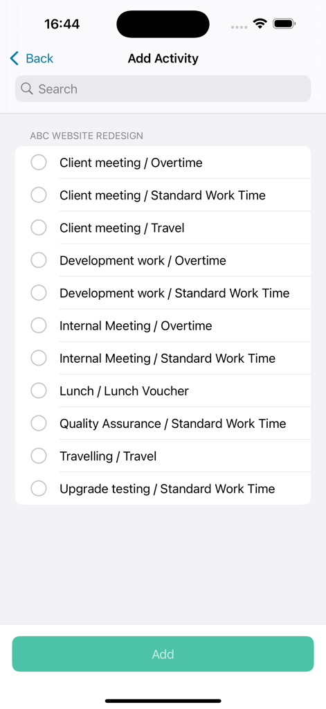 Pantalla de agregar actividad en la aplicación Cezanne HR que muestra opciones para registrar reuniones, trabajo de desarrollo y tiempo de viaje.