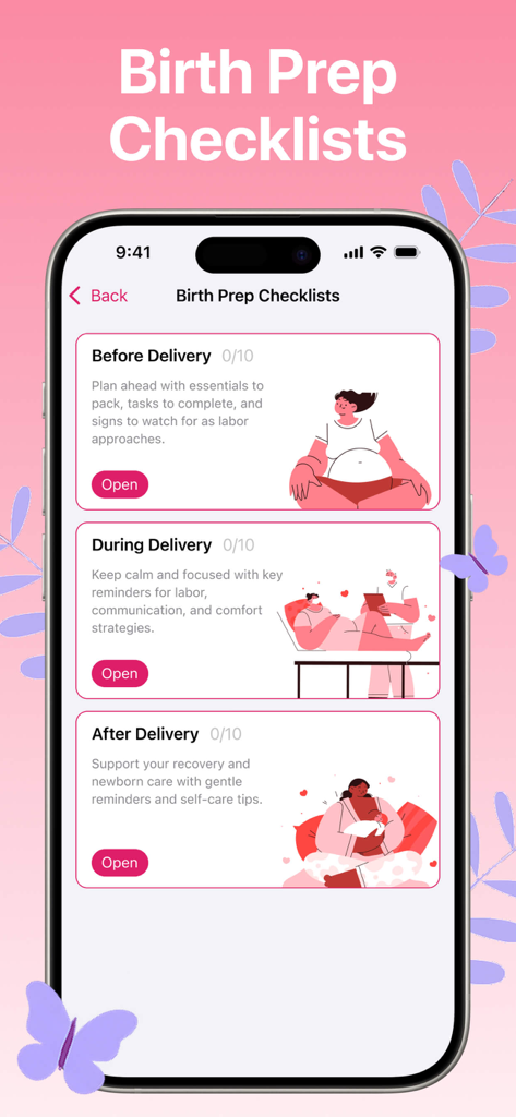 Birth preparation checklists screen for the Contraction Timer and Tracker app showing categories for before during and after delivery