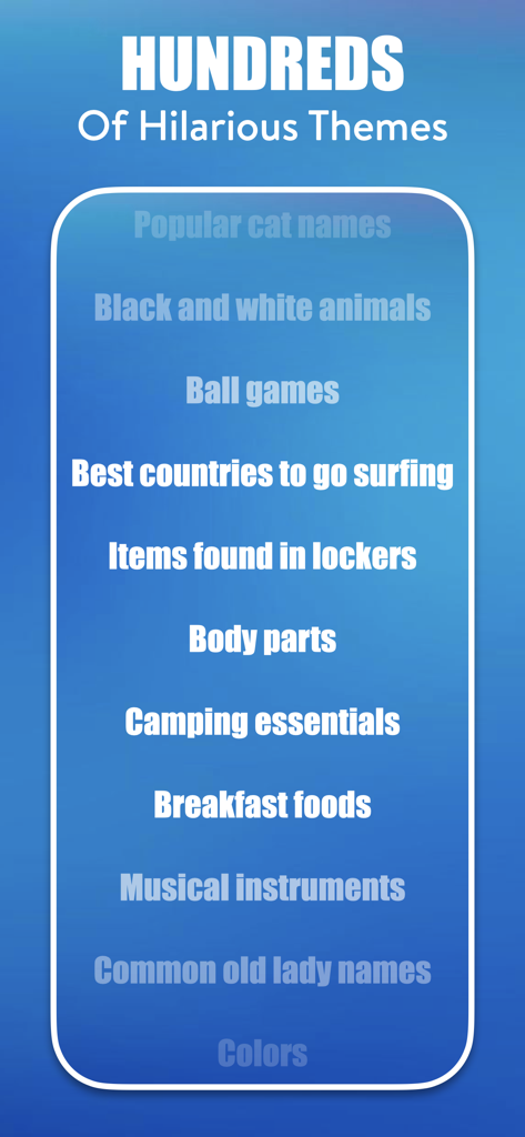 Tap Battle - Party Game - Uma captura de tela do Tap Battle Party Game exibindo uma lista de categorias divertidas incluindo animais em preto e branco e comidas de café da manhã sob o título Centenas de Temas Hilários.