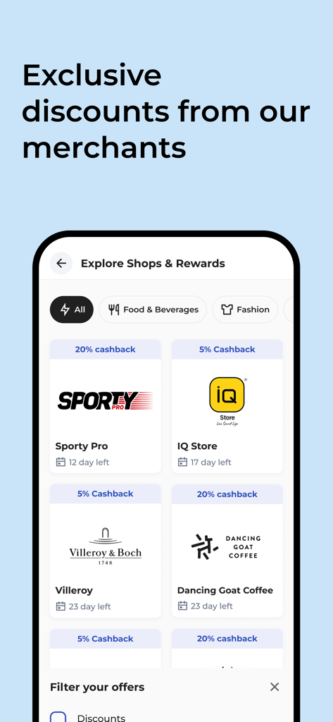 Money Fellows app screen displaying exclusive merchant discounts and cashback rewards for various brands