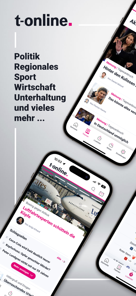 t-online Nachrichten - Plusieurs écrans d'iPhone affichant des articles et des titres de presse allemands provenant de l'application t-online