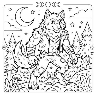 Dive into a fantastical world with our delightful werewolf coloring page, specially designed for young adventurers. This friendly beast awaits your vibrant imagination to bring its forest scene to life.