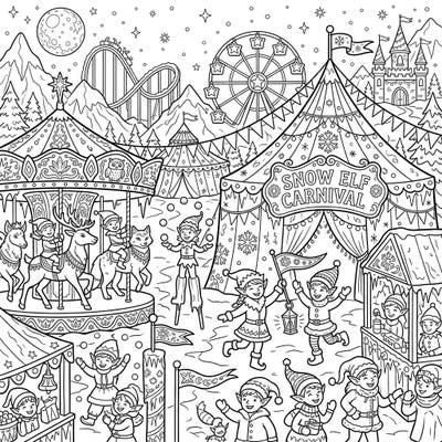 Explore a magical winter celebration with this Snow Elf Carnival coloring page. It's packed with playful elves, exciting rides, and festive fairground attractions, all set in an enchanting icy landscape.